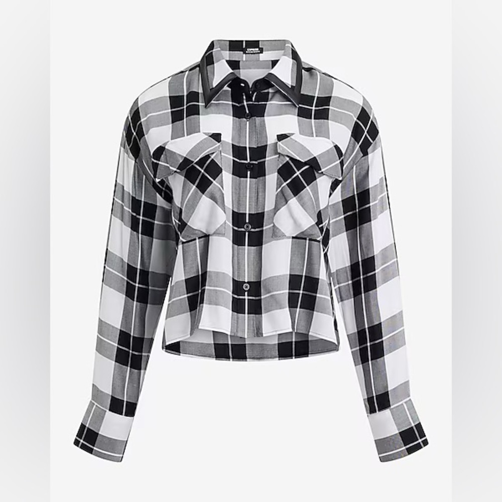 Black and White Plaid Button Up Cropped Shirt Women’s Express Medium